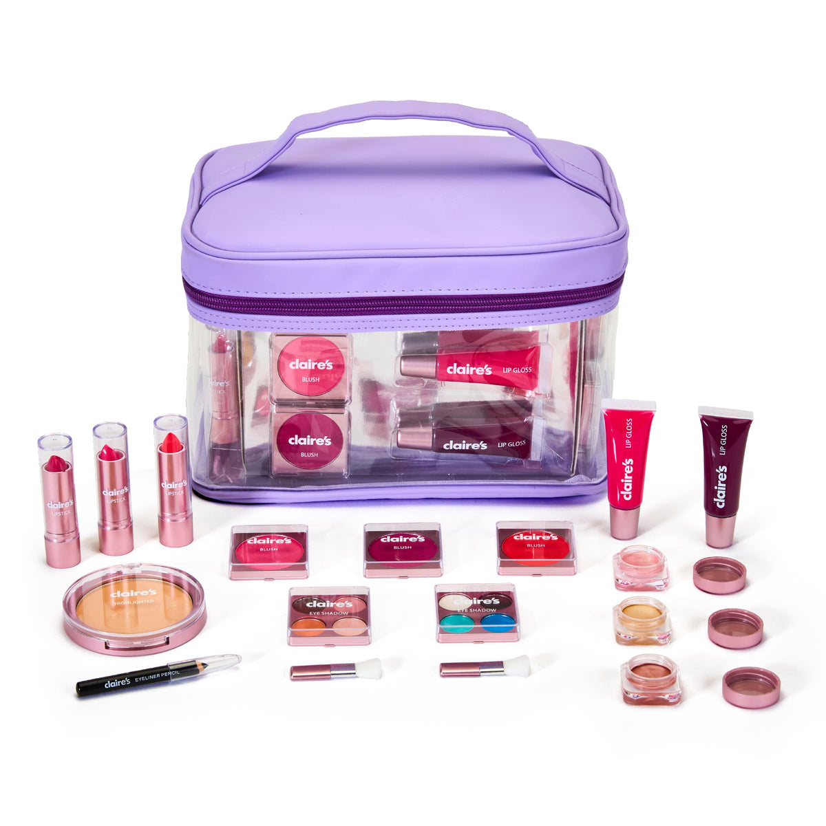 Claire's Ultimate Makeup Kit blush and highlighter add rosy glow for imaginative looks.