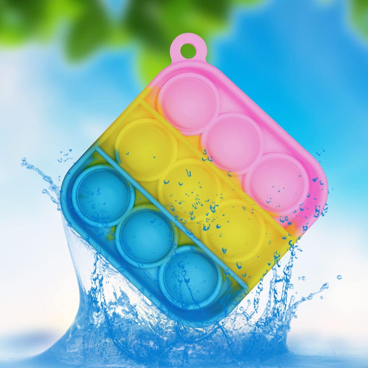 Clanam square bubble toy keychain attachment in bright colors.