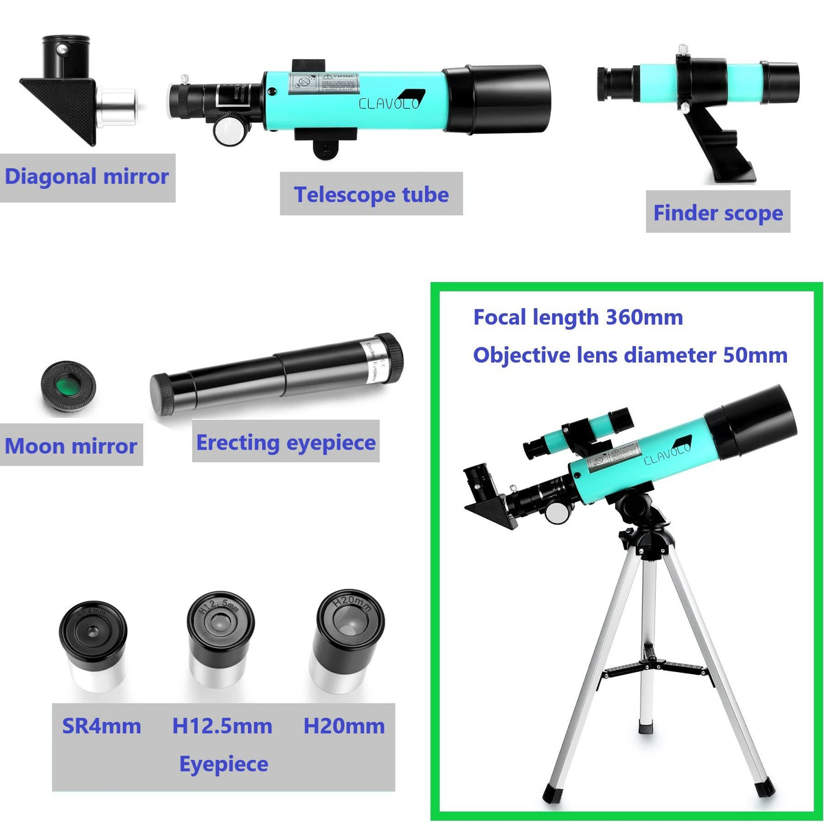 CLAVOLO erecting eyepiece 1.5x provides right-side-up landscape viewing.