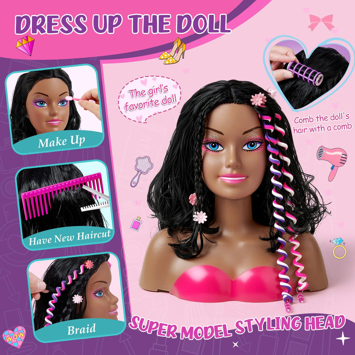 Cleboen makeup kit on the doll head includes nail polish and lipsticks.