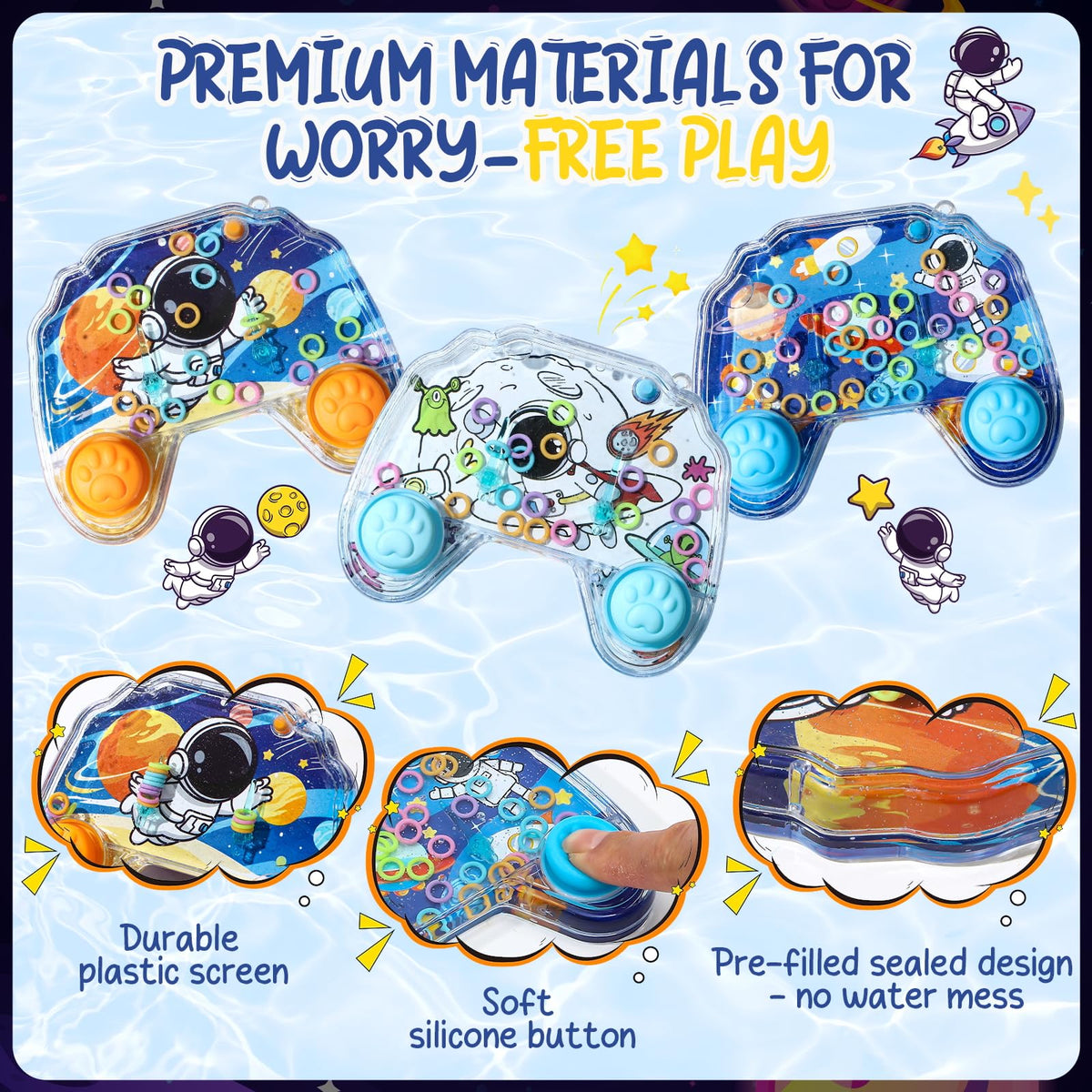 Cleboen space patterns on game controllers highlight space-themed play and imagination.
