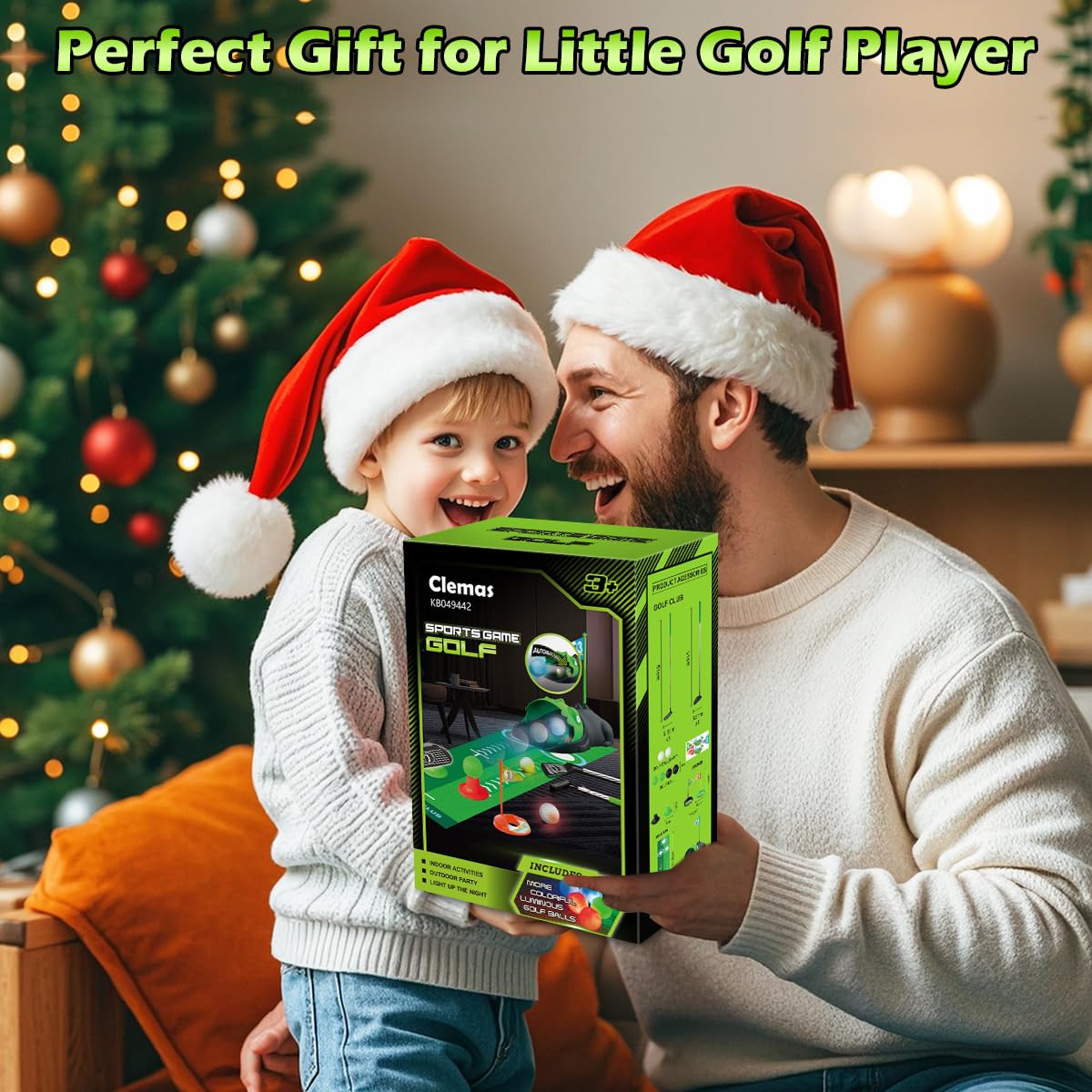 Clemas complete kid toy golf set enables indoor or outdoor play.