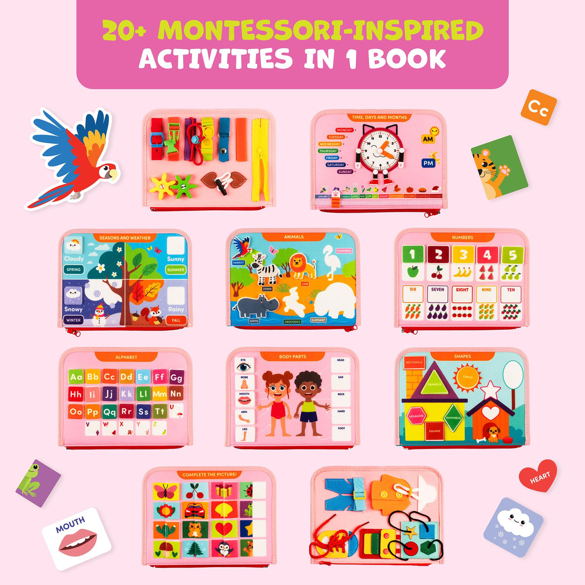 Clever Fox Play Busy Book dress-skills page demonstrates zipping and buttoning practice.