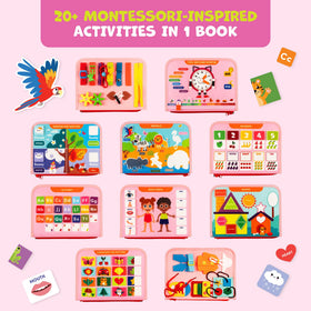 Clever Fox Play Busy Book dress-skills page demonstrates zipping and buttoning practice.