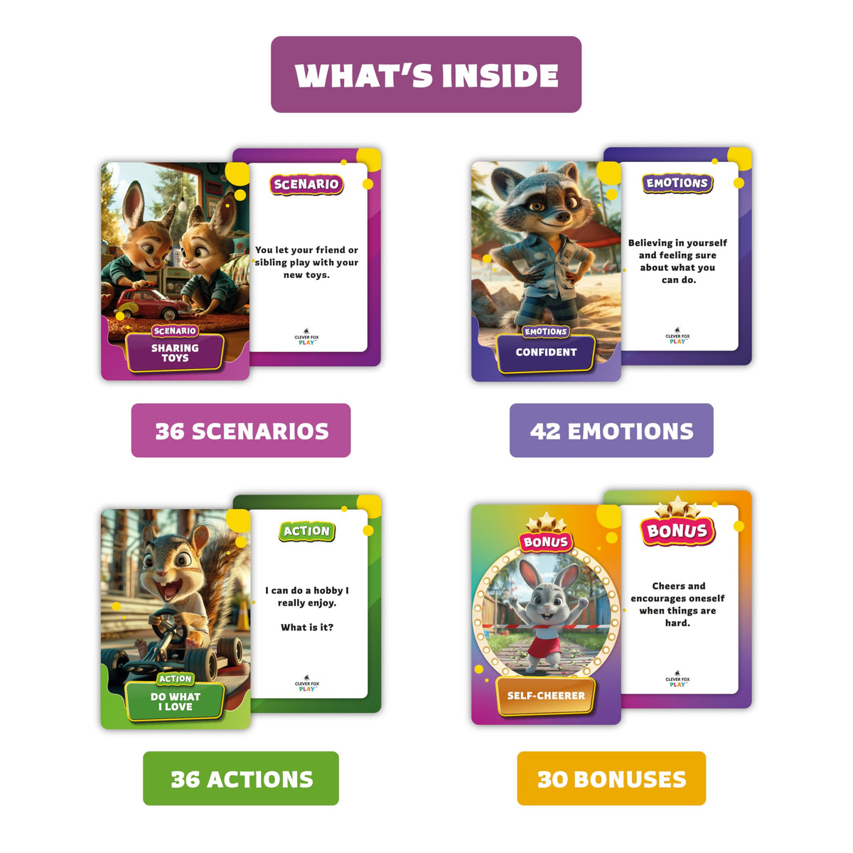 Clever Fox Play Emotions Rumble emotions cards with colorful characters