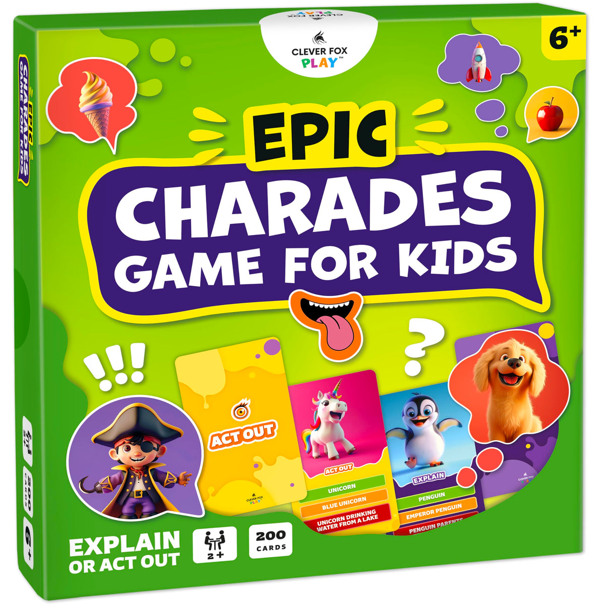 Clever Fox Play Epic Charades game setup with illustrated prompts for family fun