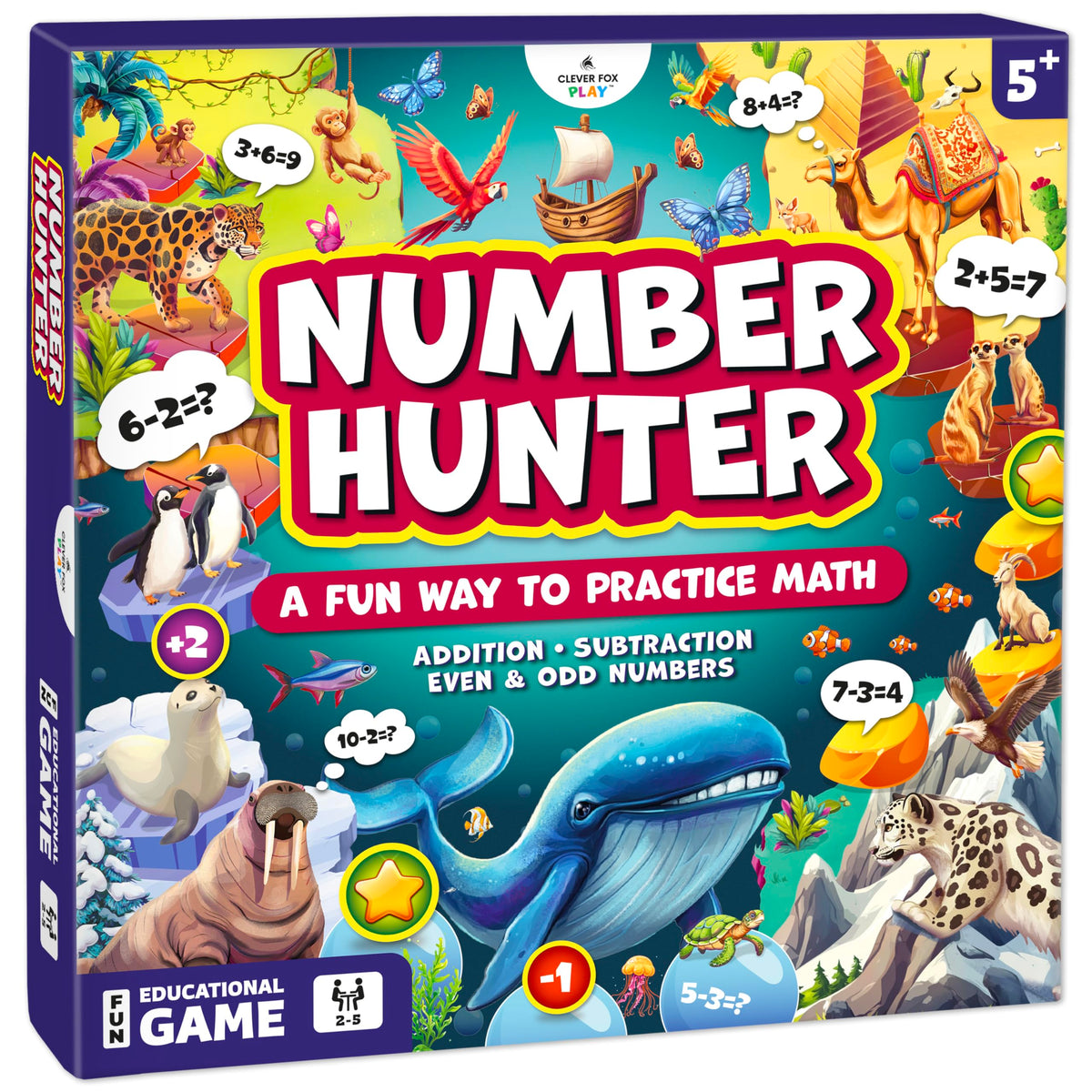 Clever Fox Play Number Hunter board game scene with kids collaborating on math practice.