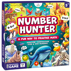 Clever Fox Play Number Hunter board game scene with kids collaborating on math practice.