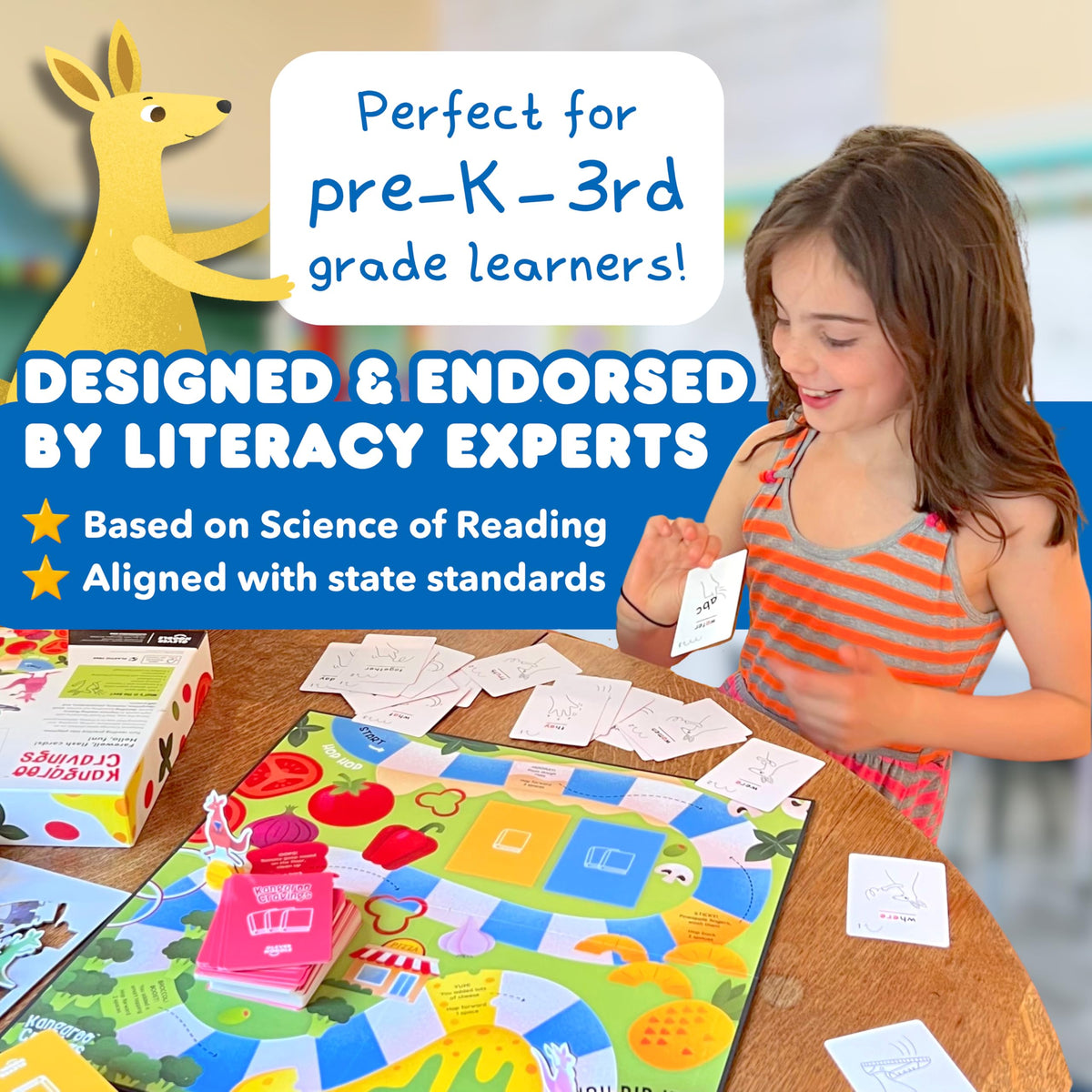 Clever Noodle Kangaroo Cravings players enjoy cooperative or competitive reading play.