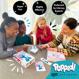 Clever Noodle Popped! players at table engage in fast-paced phonics challenge.