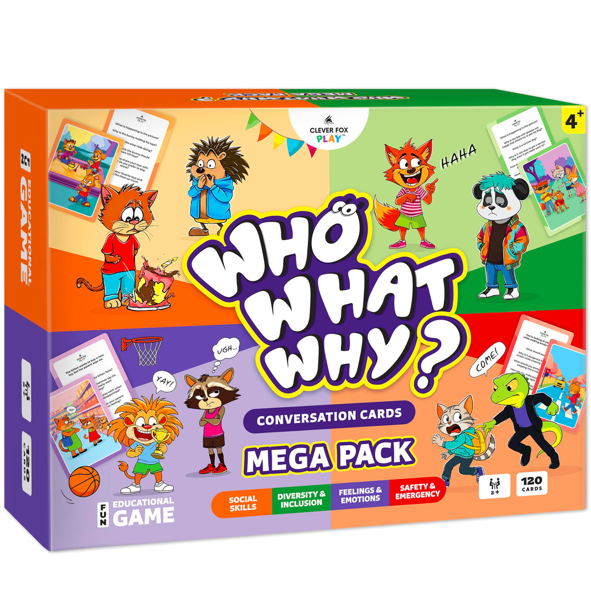 Clever Fox Play Who What Why Mega Pack cards with vibrant illustrations to boost early conversation skills.