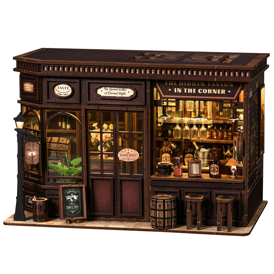 clicliet Book Nook Kit Corner Tavern with LED adds warm ambiance to your bookshelf
