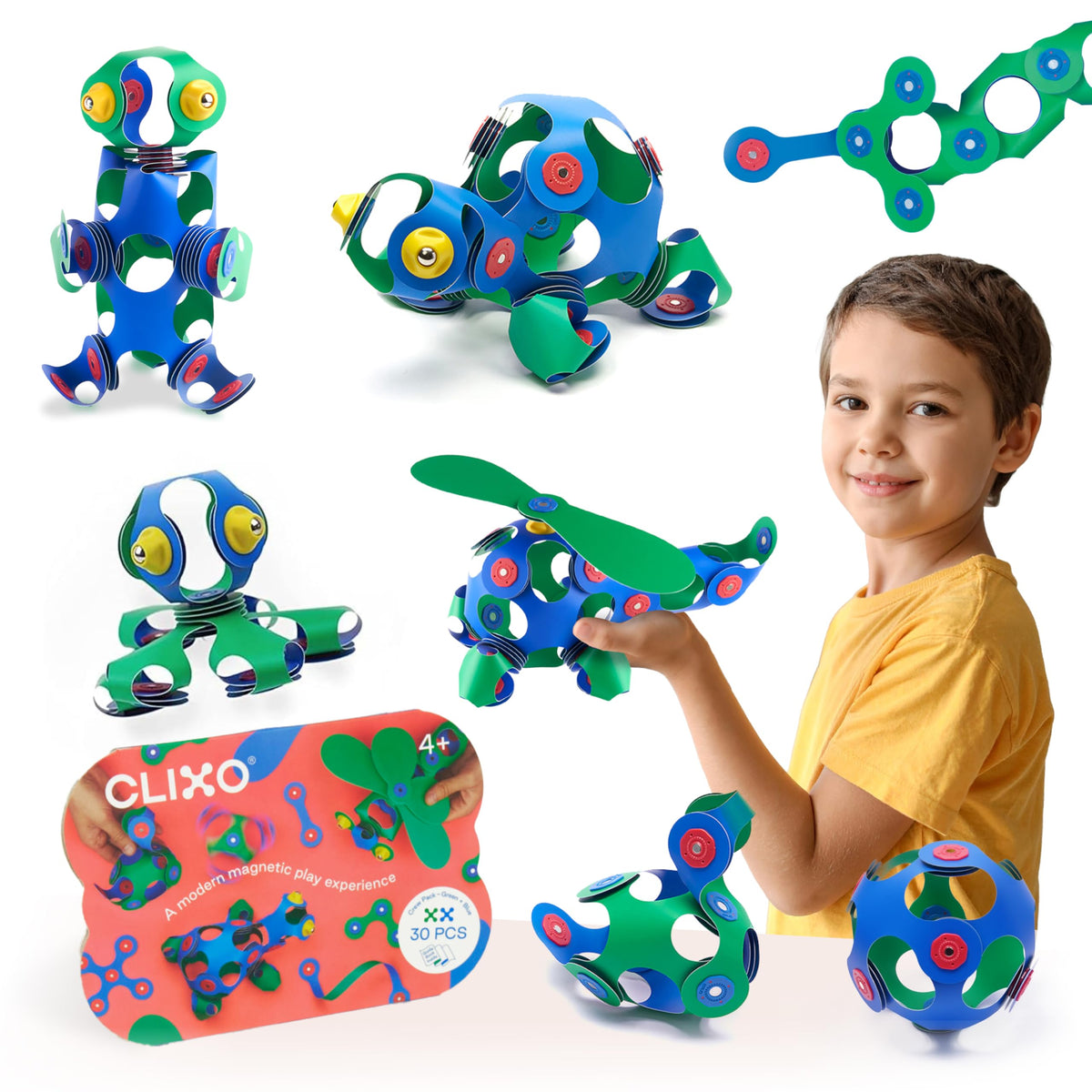 Clixo Crew 30-piece pack builds in vibrant colors for creative play on any surface.