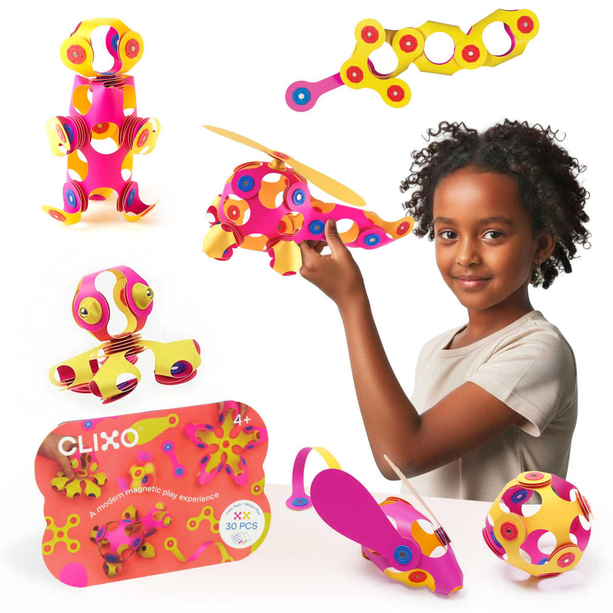 Clixo Crew 30-Piece Pack magnetic pieces for imaginative building anywhere.