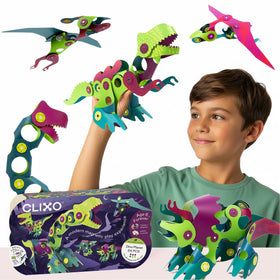Clixo Dino Planet 54-piece set with colorful dinos ready for imaginative STEM play.