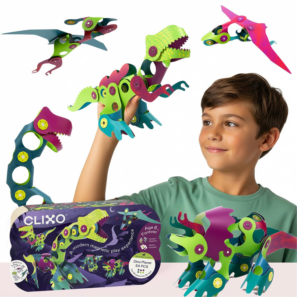Clixo Dino Planet 54-piece set with colorful dinos ready for imaginative STEM play.