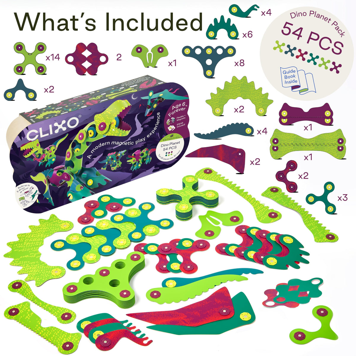Clixo Dino Planet magnetic pieces enable quick builds and multiple dinos.