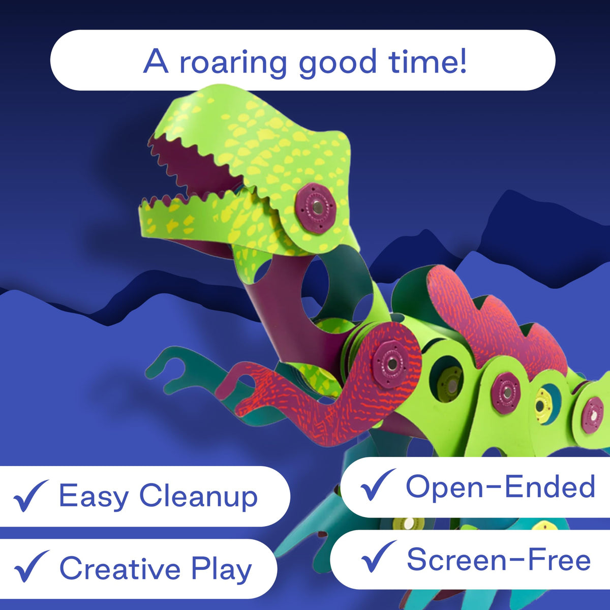 Kids build dinosaurs like T Rex and Triceratops with Clixo magnets.