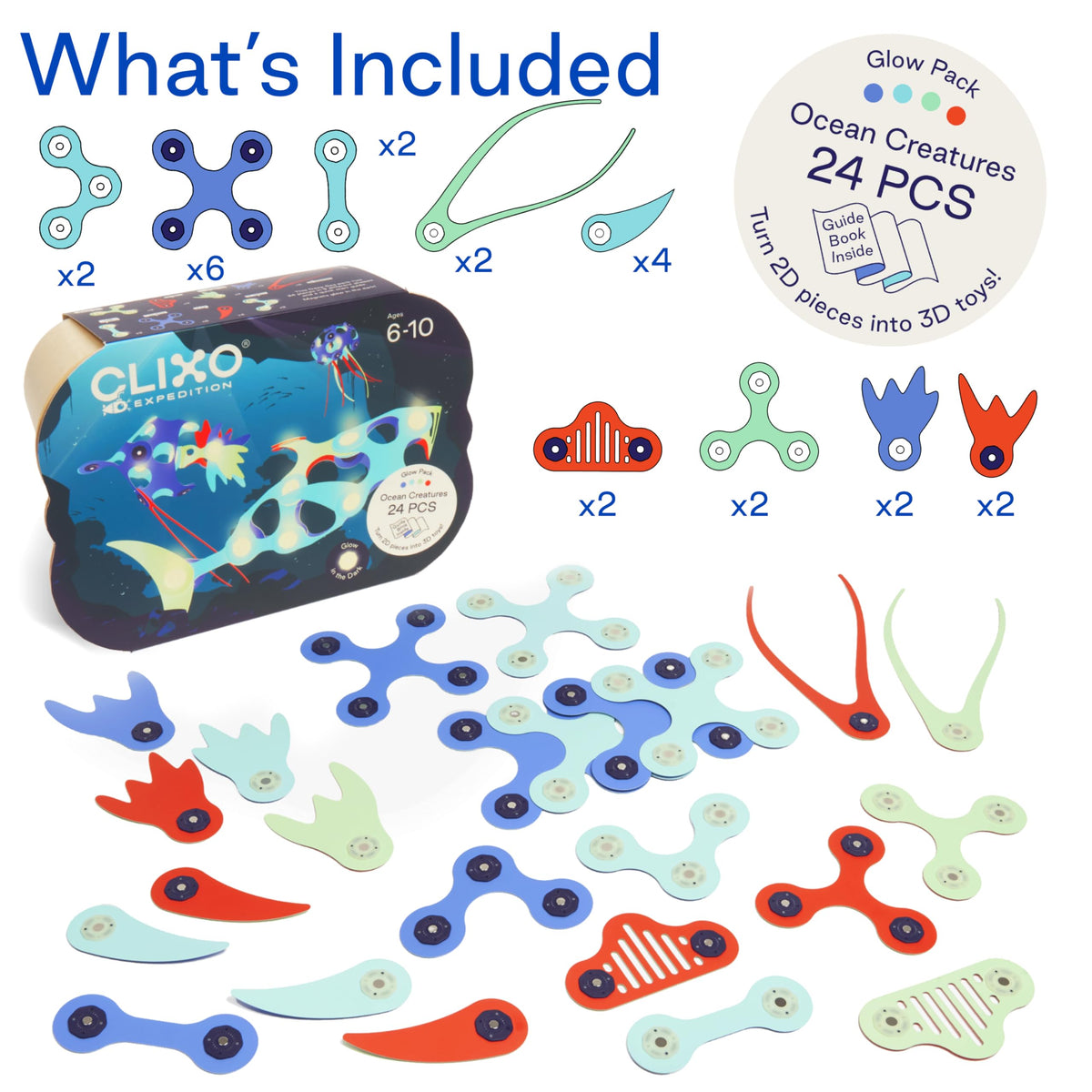 Clixo glow-in-the-dark magnetic pieces illuminate underwater creations for engaging nighttime play.
