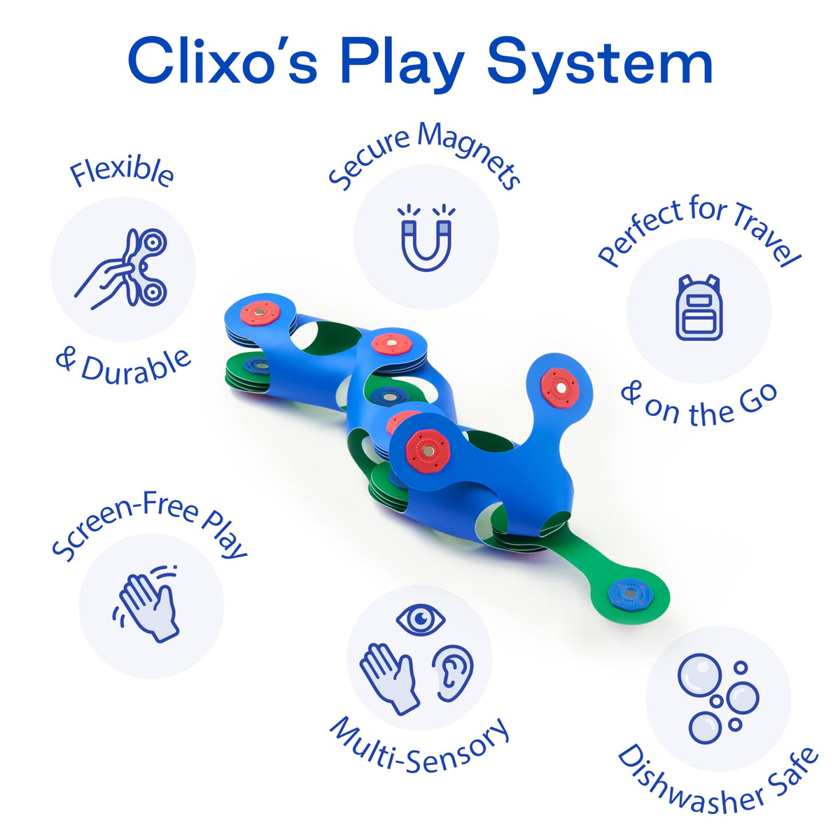 Clixo Itsy durable, safety-tested pieces meet standards for worry-free play.