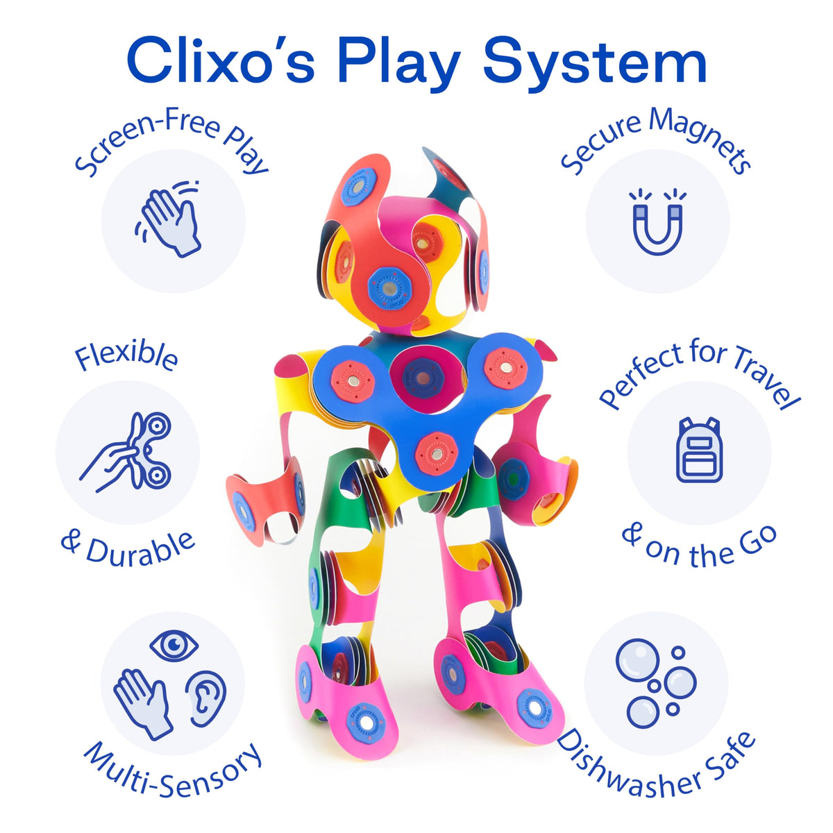 Clixo Rainbow 42-piece pack easy cleanup with stackable pieces.
