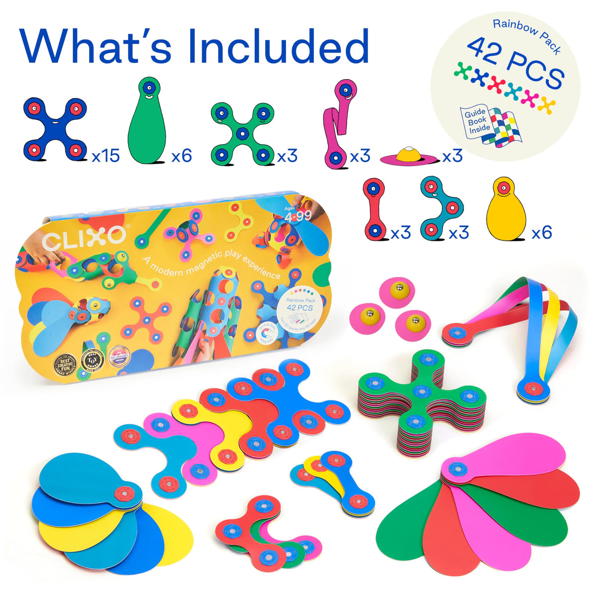 Clixo Rainbow 42-piece pack figures in action highlights versatile modular designs.