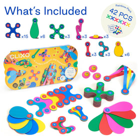 Clixo Rainbow 42-piece pack figures in action highlights versatile modular designs.