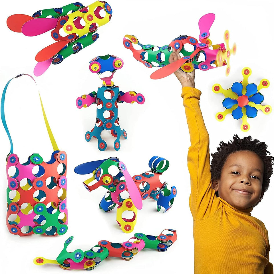 Clixo Rainbow 42-piece pack spread showcases flexible magnetic pieces for imaginative play.