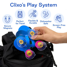 Kids enjoy portable play in cars with the Clixo travel kit