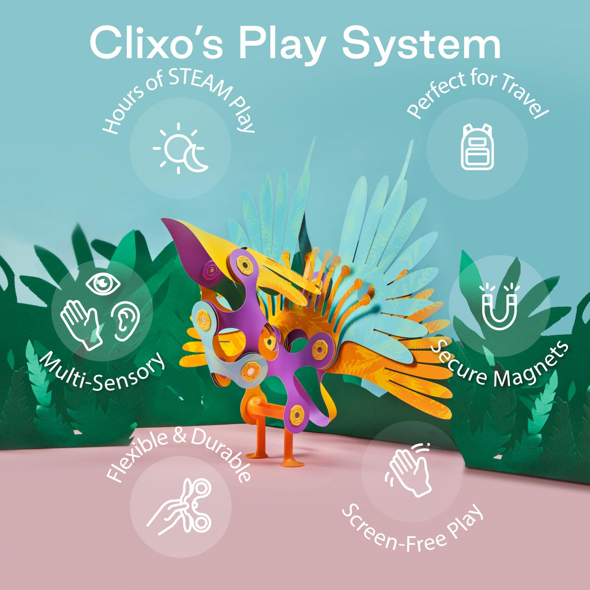 Clixo Tropical Birds Pack washable pieces for quick cleanup after play