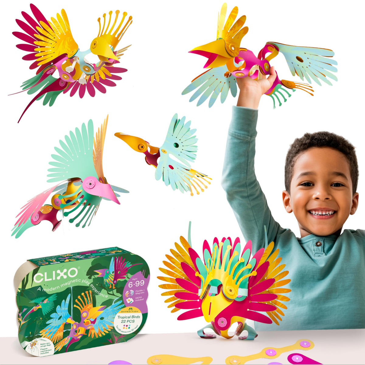 Clixo Tropical Birds Pack wing-flapping action showcasing interactive play and motion
