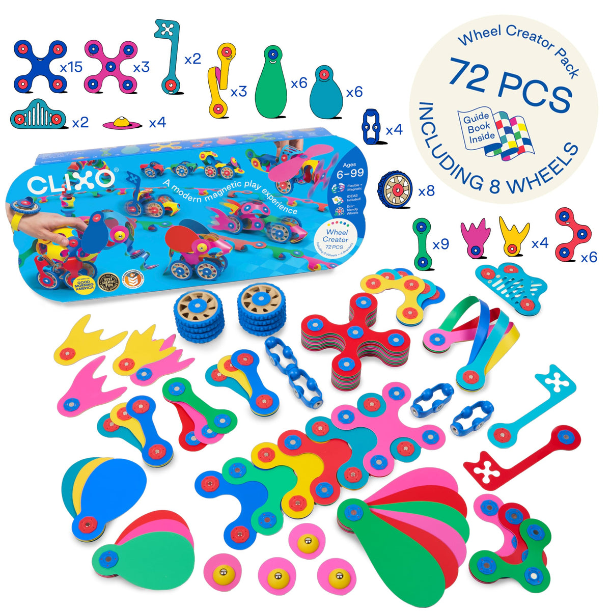Clixo Wheel Creator magnetic tiles enable snap-and-fold creativity on any surface.