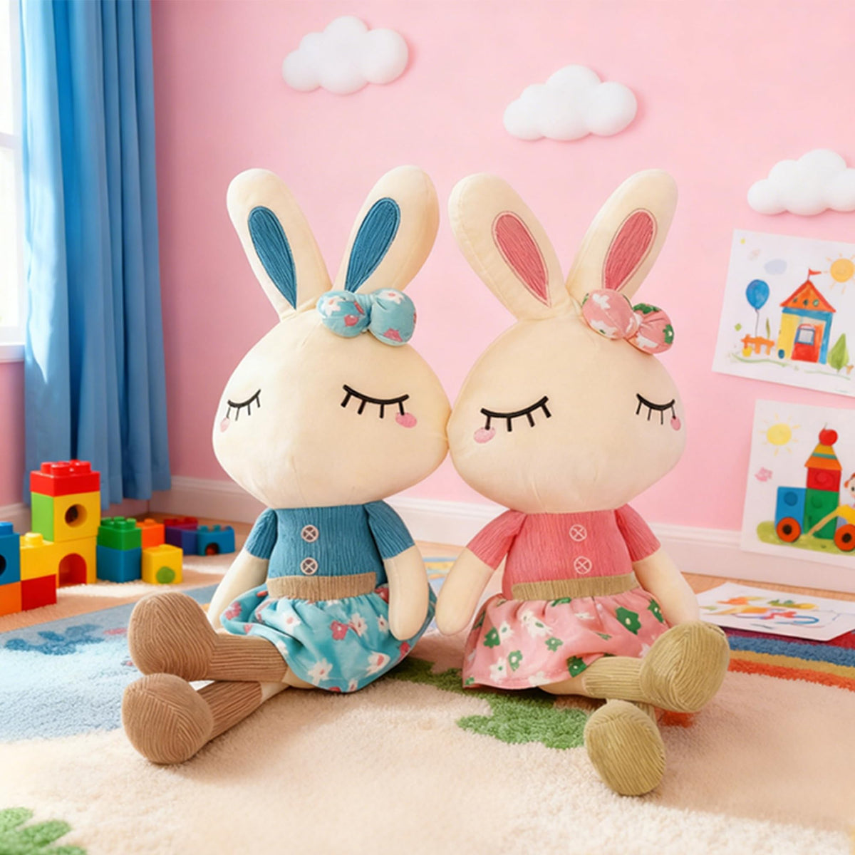 Cllayees Easter Bunny plush blue dress with flowers decor inspiration.