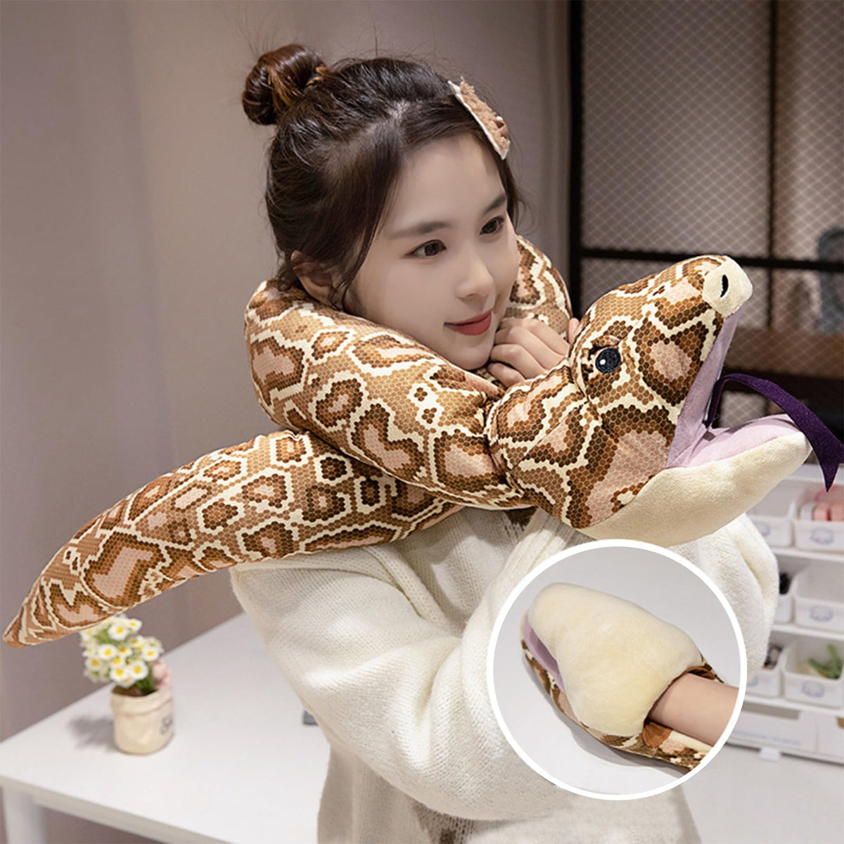 Clobeau snake hand puppet resting on sofa as playful home decor