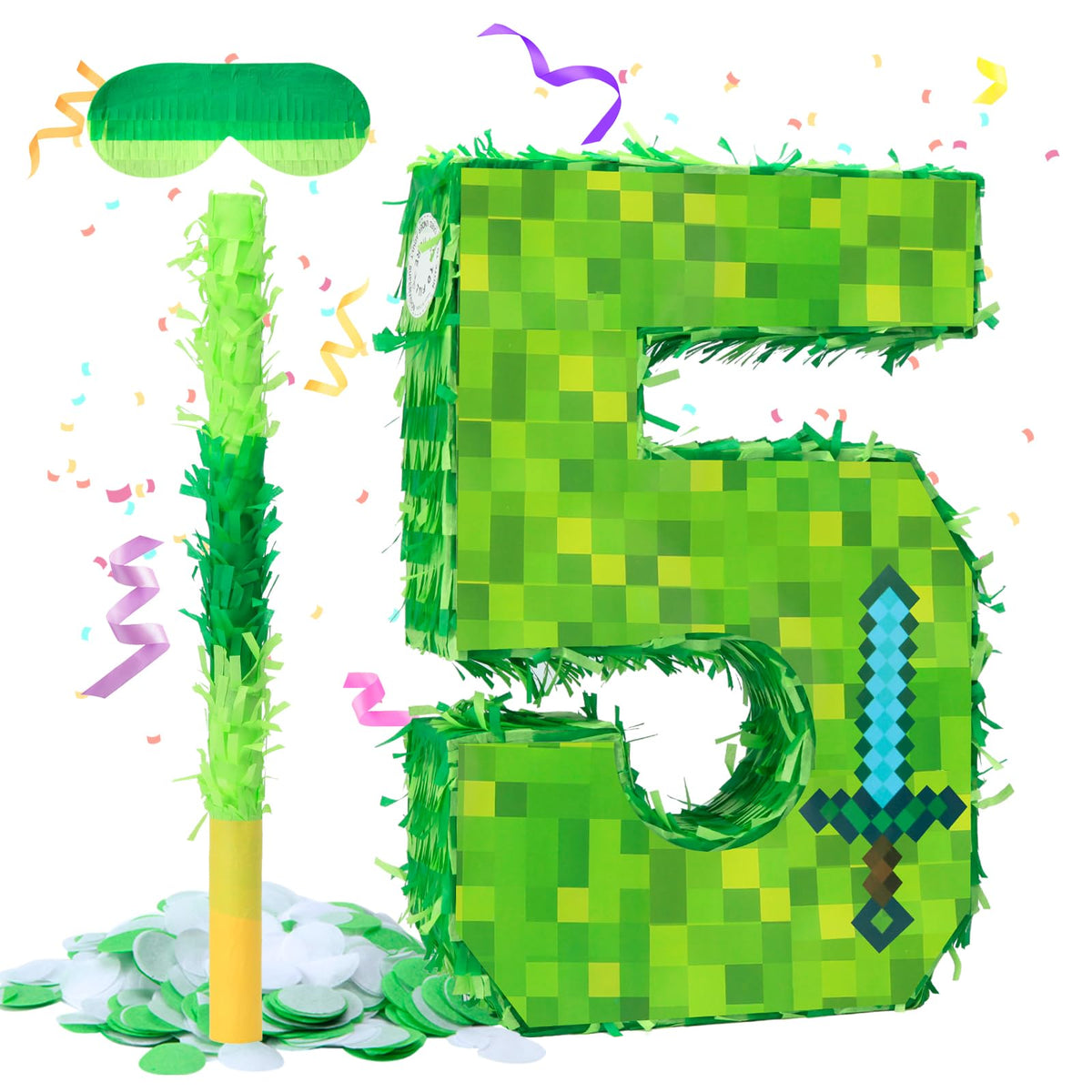 ClockRng Number 5 pinata, pixel-block front view, ideal for colorful pixel-themed kids' parties.