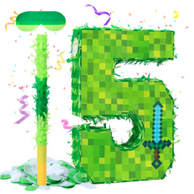 ClockRng Number 5 pinata, pixel-block front view, ideal for colorful pixel-themed kids' parties.