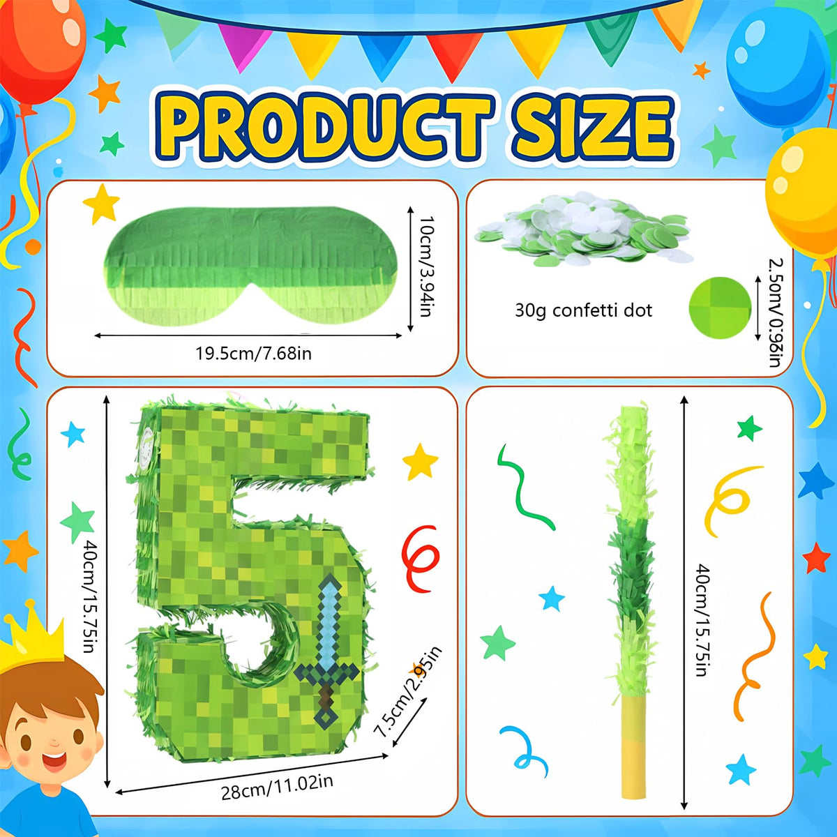 ClockRng Number 5 pinata, pixel-block side view, perfect centerpiece for gamer birthday celebrations.