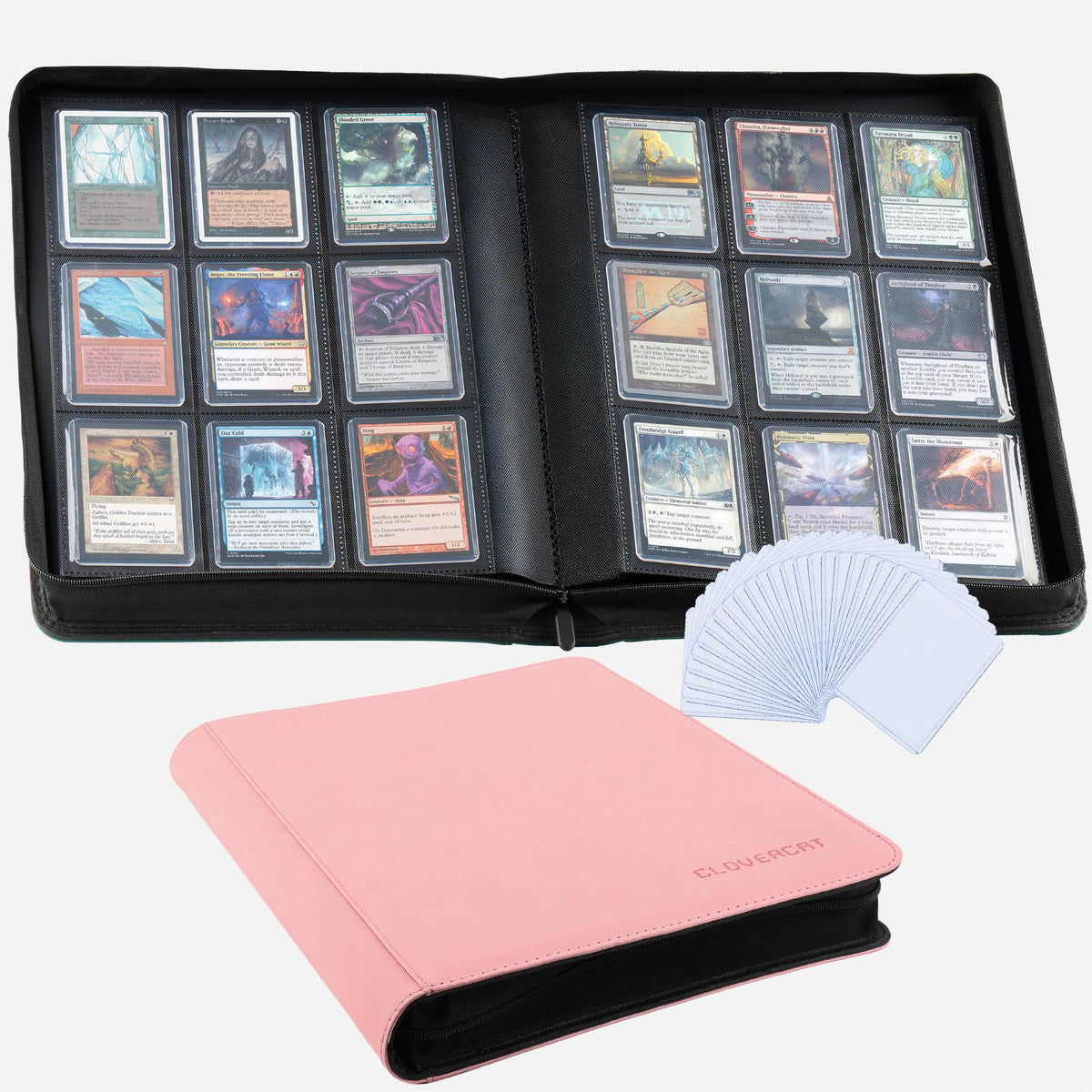CLOVERCAT 9-pocket pink binder front view for organized trading cards with easy access.