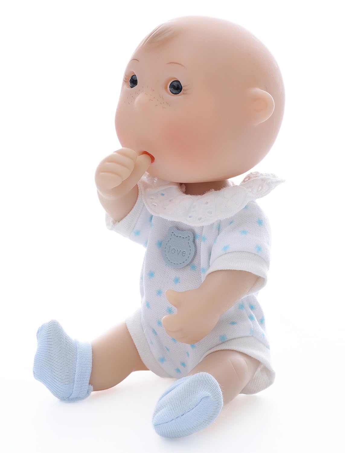 Cloveray Potato Baby Doll display-ready for desks and shelves with blue accents