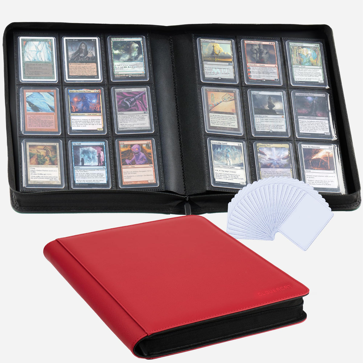 CLOVERCAT 9-pocket binder front view showing spacious layout for MTG, Yugioh, and TCG collections