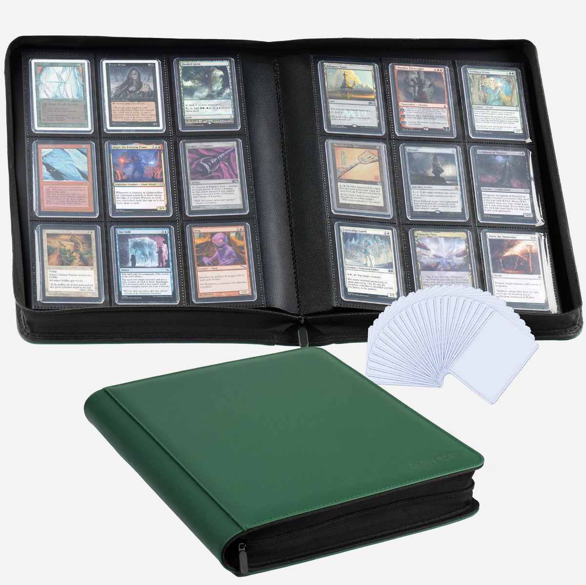 Clovercat 9-pocket top-loader binder in green keeps cards organized and easy to flip.