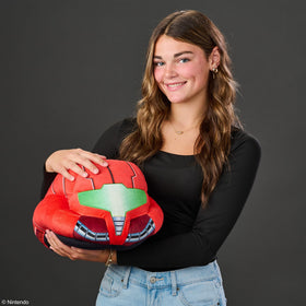 Club Mocchi Mocchi Samus helmet plush closeup highlights authentic licensed design for display.