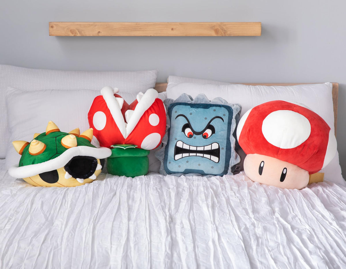 Club Mocchi Mocchi Thwomp plush on display makes a great gift for fans 3+.