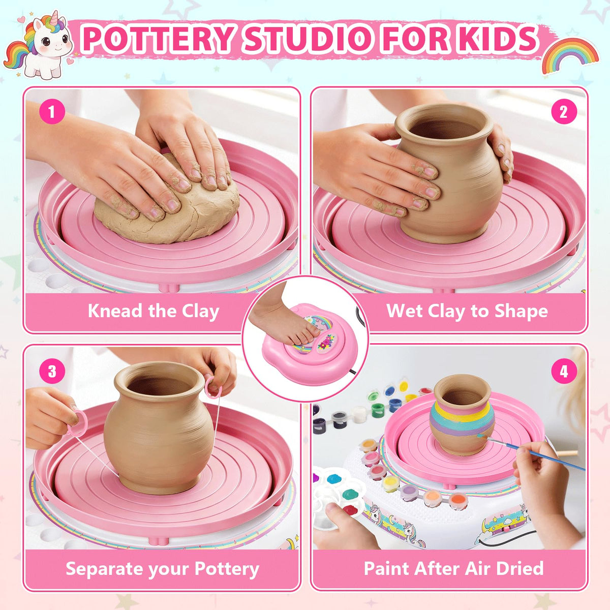 Cmiolacuna paint palette and brushes, colorful finishes to personalize kids' pottery.