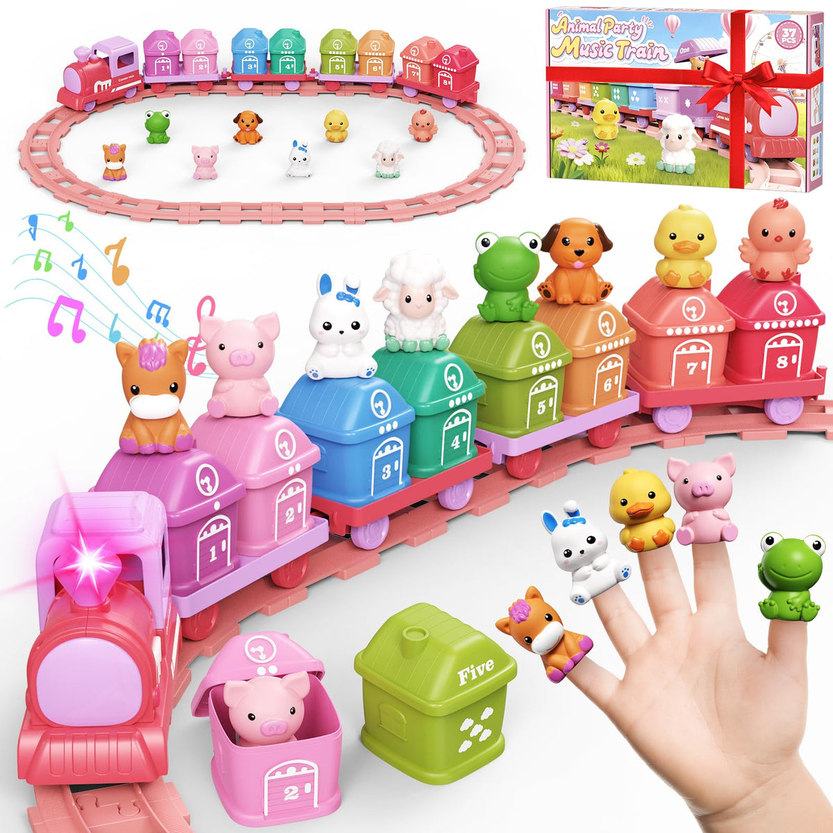 Cmiolacuna pink farm train on straight track for imaginative play.