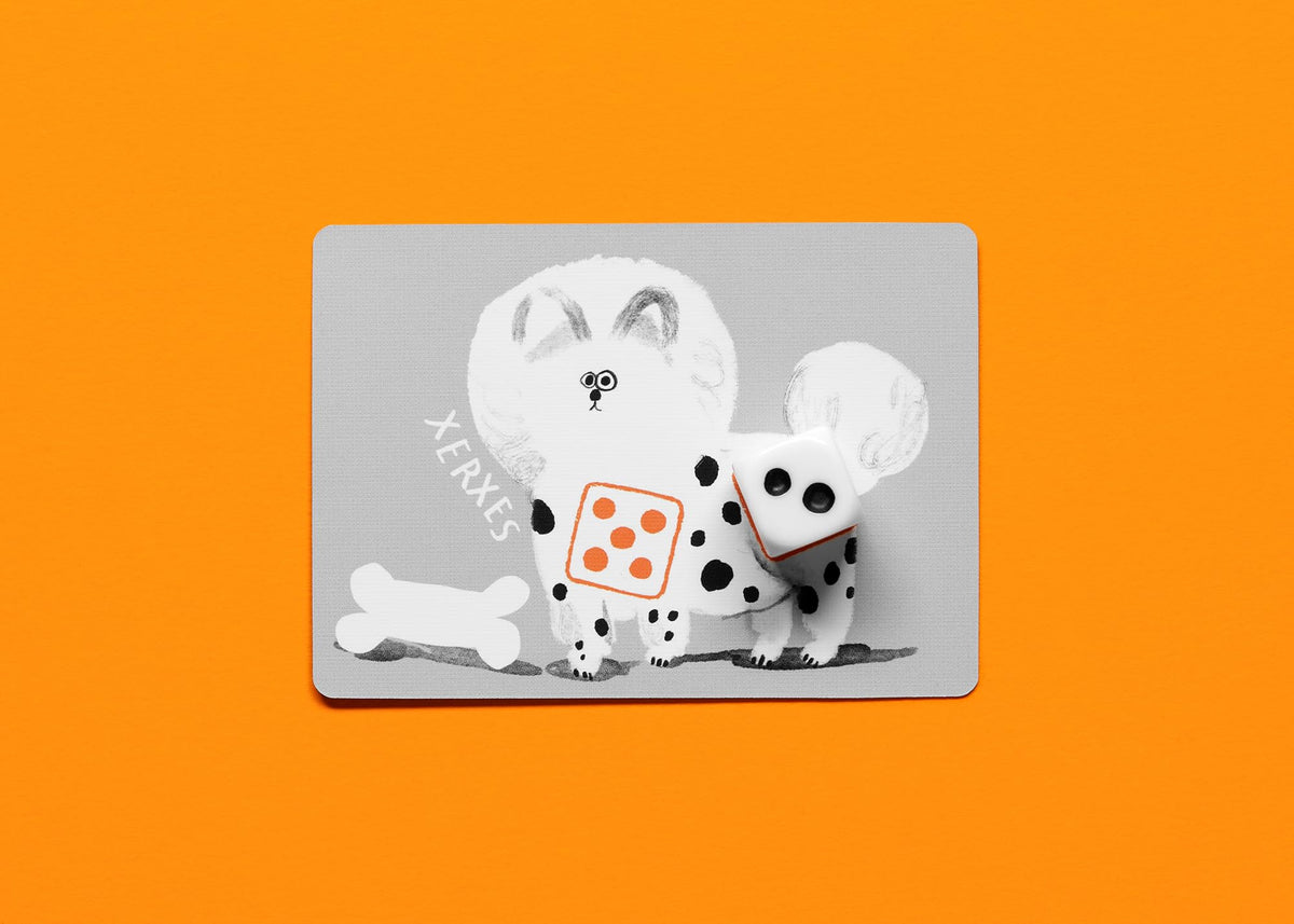 CMYK Spots Dice Game shows rolling dice to match dog spots for quick play.