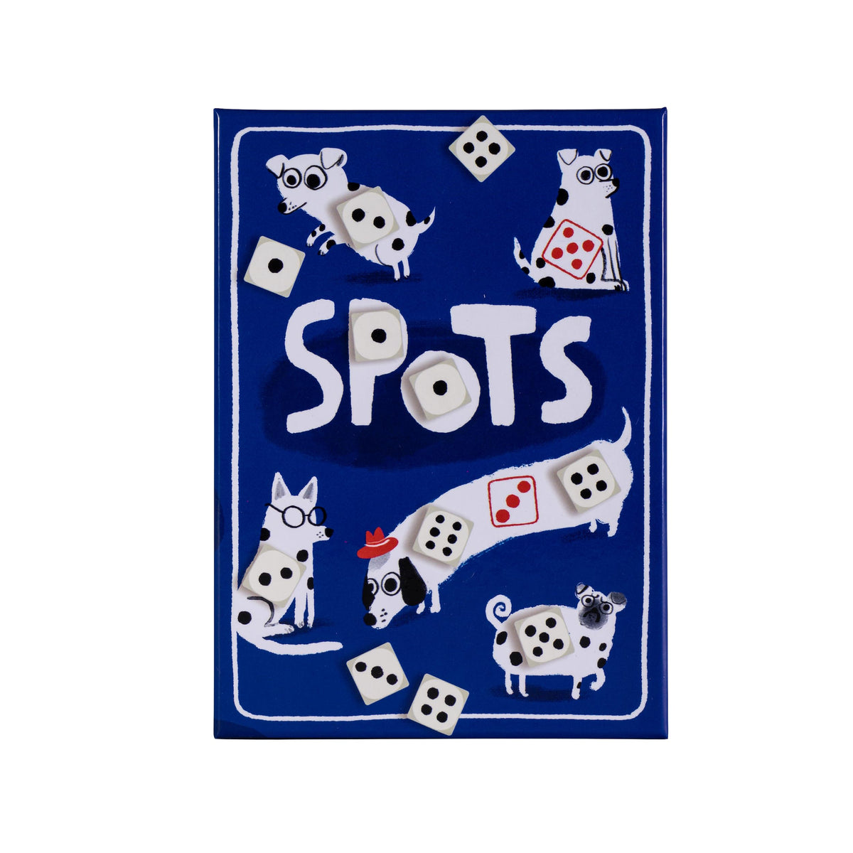 CMYK Spots Dice Game features dogs with spots for a cozy family game night.