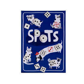 CMYK Spots Dice Game features dogs with spots for a cozy family game night.