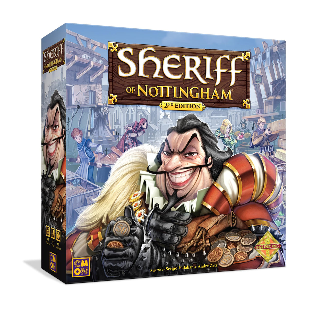 CMON Sheriff of Nottingham 2nd Edition game box with components ready for quick setup and play.