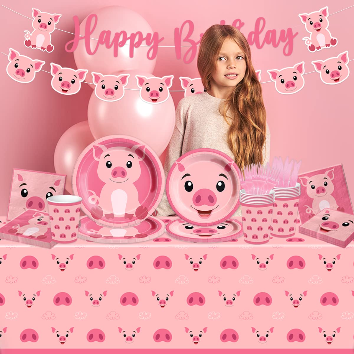 CMUSKO pig tablecloth pink background adds festive tabletop scene